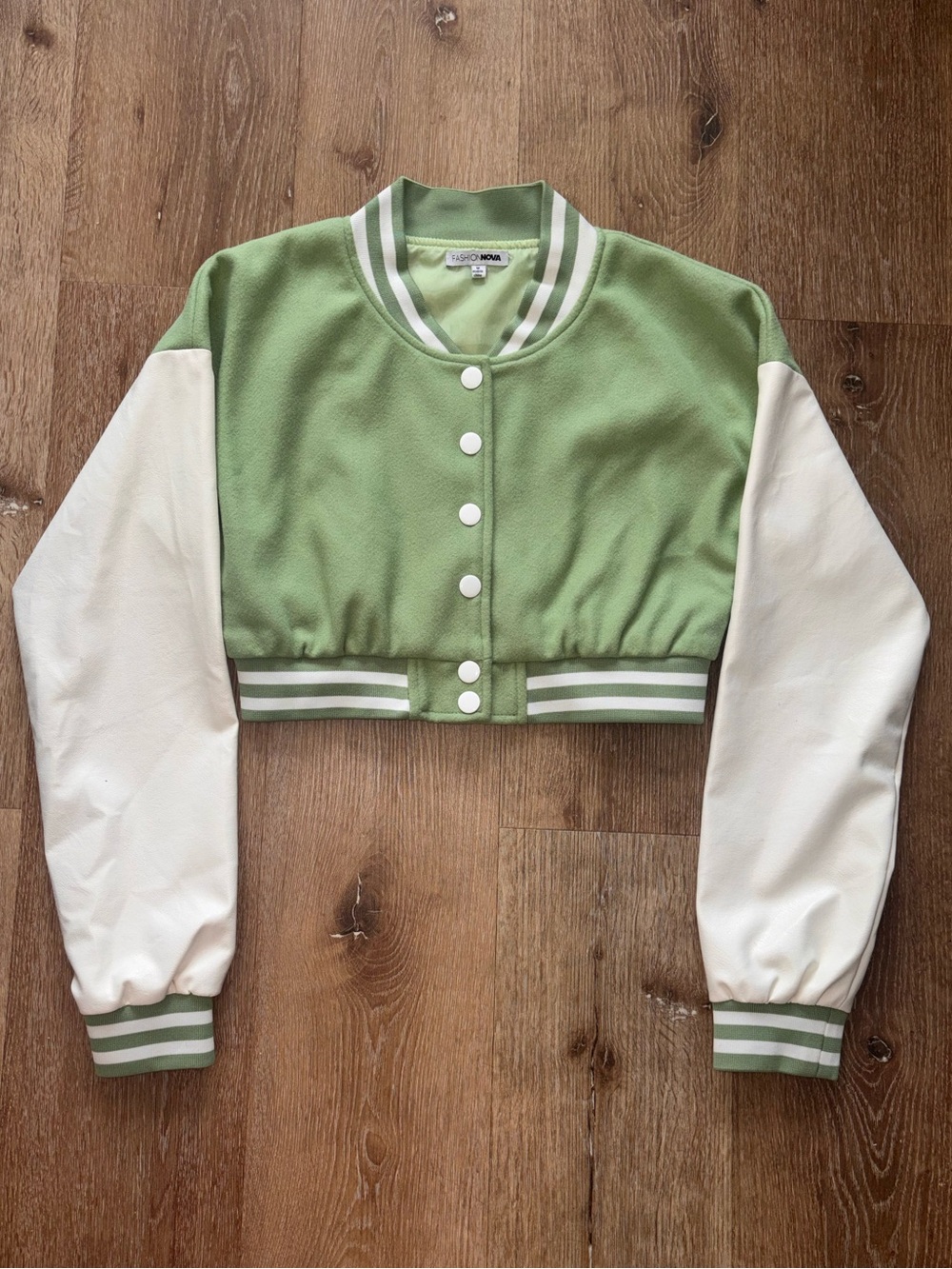 Fashion Nova Cropped Green and White Varsity Jacket